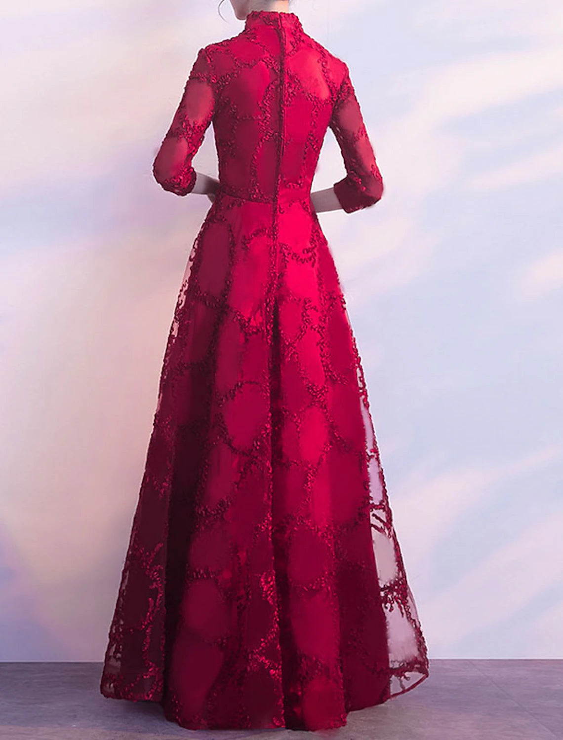 Abito da sera a trapezio, abito vintage, da invitata a nozze, da ballo, lunghezza al pavimento, maniche a 3/4, collo alto, tulle con applicazioni a pieghe